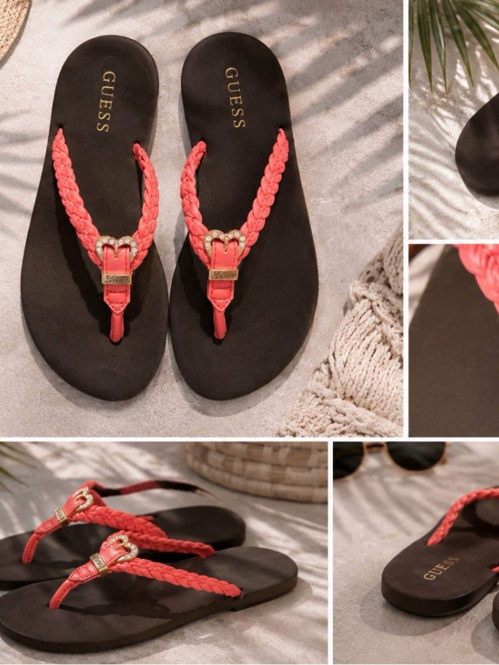 GUESS Coral Braided Thong Sandals with Gold Accents